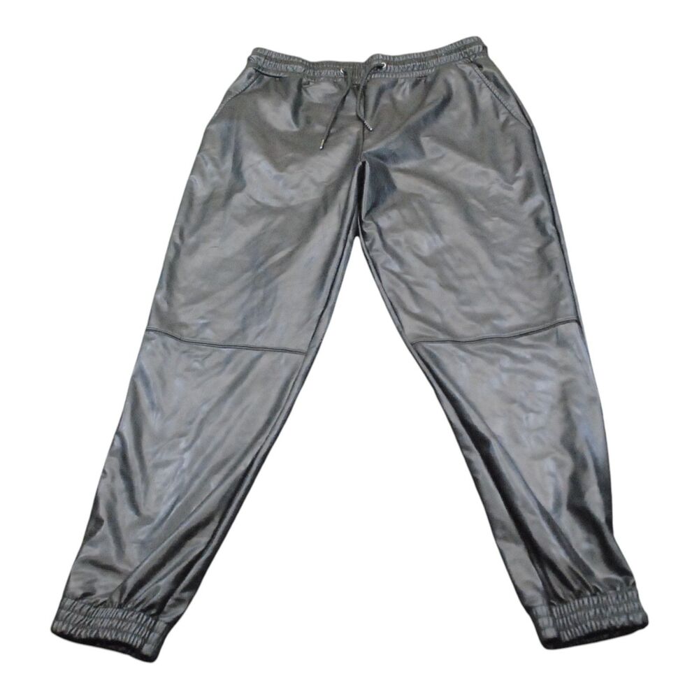 HUE Women's High Rise Faux Leather Black Straight Leg Pants Large
